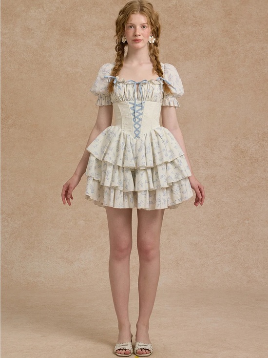 Lacemade Dresses & Skirts - Tiered Ruffle Mini Dress in Cream with Light Blue Accents